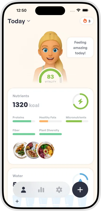 Miobi app showing a personal avatar, vitality score and nutrient balance